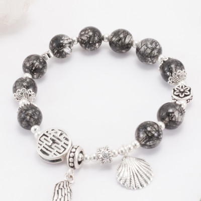 Vòng Thạch Anh Tóc Đen AAA Phối Charm Cánh Bạc (8mm) Ngọc Quý Gemstones