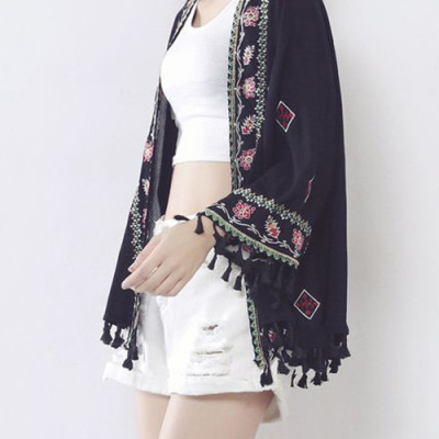 Áo khoác kimono voan ngắn đi biển, viền thổ cẩm mix họa tiết xinh | KM006
