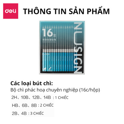 Combo 16 Bút Chì Phác Thảo Chuyên Nghiệp Deli dòng cao cấp NUsign - HB 2H 2B 4B 6B 8B 10B 12B 14B - Lõi Than Chì, Vẽ Mịn, Không Dễ Gãy - Vẽ Tranh, Họa Chân Dung
