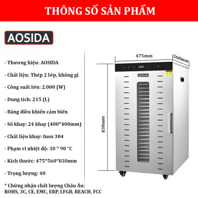 Máy sấy thực phẩm công nghiệp thương hiệu cao cấp AOSIDA SS-24H 24 khay - Dung tích 215L - Hàng Chính Hãng
