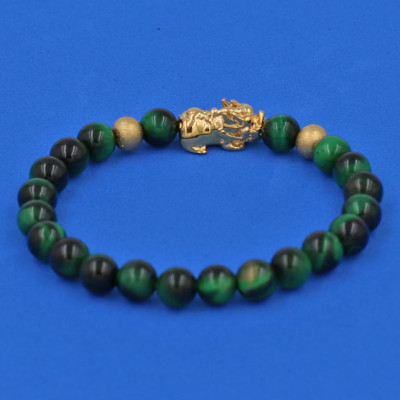 Vòng tay đá Măt Hổ xanh lá 6 ly cẩn Tỳ Hưu inox vàng VMHXLTHHBV6 - hợp mệnh Hỏa, mệnh Mộc