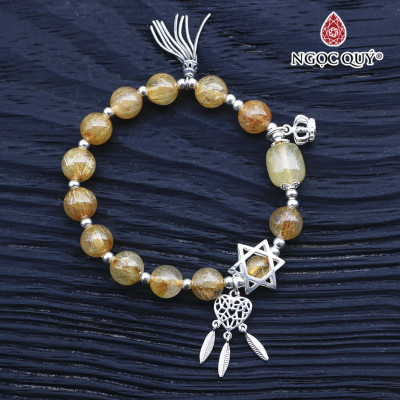 Vòng thạch anh tóc vàng phối lu thống charm bạc hạt 9mm mệnh thủy, kim - Ngọc Quý Gemstones