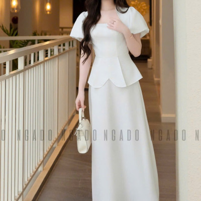 Set áo váy trắng tay phồng NGADO , set áo váy dài , set áo váy công sở , dự tiệc