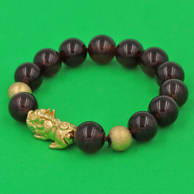 Chuỗi đeo tay đá Vân Rồng Nâu 12 ly - cẩn Tỳ Hưu Phong Thủy inox vàng VVRNTHHBV12