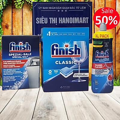 COMBO FINISH: Viên rửa bát Finish Classic 110 viên + Muối 1,2kg + Nước làm bóng 750ml