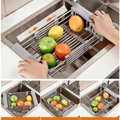 Rổ Rút Inox Đa Năng Gác Chậu Rửa Chén, Rửa Hoa Quả - 2 màu xám và đen ngẫu nhiên