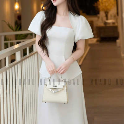 Set áo váy trắng tay phồng NGADO , set áo váy dài , set áo váy công sở , dự tiệc