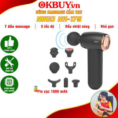 Súng (Máy) Massage Cầm Tay Nikio NK-175 - Dòng Siêu Mini Nhỏ Gọn Tiện Lợi, 7 Đầu Mát xa Thay Đổi, Có Đầu Nhiệt Nóng 55 Độ C Hỗ Trợ Giãn Cơ Chuyên Sâu, Làm Giảm Đau Nhức Cơ Bắp Hiệu Qủa - Dòng Pin Sạc