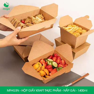 MFHG3N - 50 hộp giấy kraft thực phẩm 1400ml, hộp giấy nắp gập màu nâu đựng thức ăn, hộp giấy nắp gài gói đồ ăn mang đi 