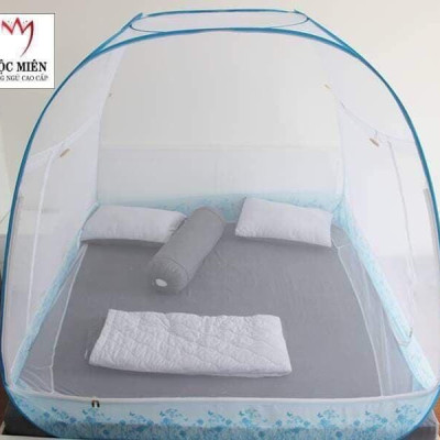 Màn Chụp , Mùng Chụp Cao Cấp Mộc Miên Đỉnh Rộng - Kích Thước 1,6mx2m Trắng Viền Xanh ( Hà Nội )