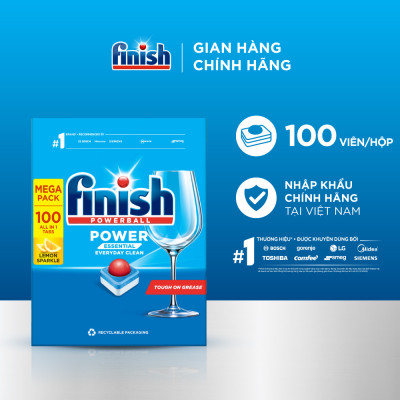 Viên Rửa Chén Bát Hương Chanh Finish Powerball Power Essential Lemon Sparkle - Túi 100 viên siêu tiết kiệm - 1 Túi