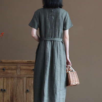 Đầm ngắn tay chất liệu linen cao cấp, dáng suông basic dễ mặc, phong cách kín đáo nhã nhặn NH191 xanh xám