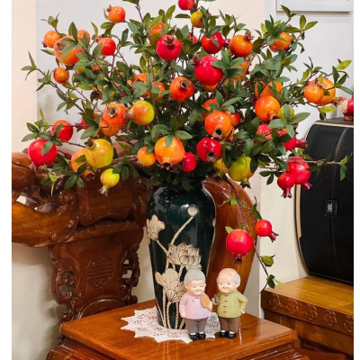 Cành lựu giả - 06 quả - Dài 80 cm - Màu cam, đỏ - Quả to từ 5 đến 7 cm - Cây giả, hoa lụa Decor trang trí nhà cửa