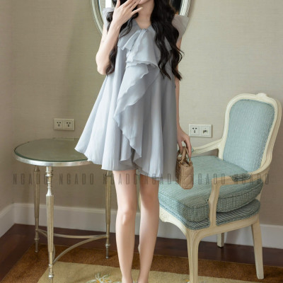 Đầm voan xám phối bèo NGADO , đầm voan , đầm kiểu