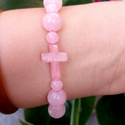 Vòng tay chuỗi mân côi thời trang đá thạch anh hồng thiên nhiên cho Nữ công sở làm trang sức