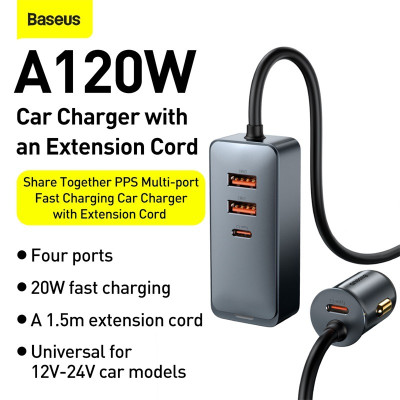 Tẩu sạc nhanh mở rộng 4 Port Baseus Share Together Extention Car Charger 120W (Extention up to 4 Port * 30W, QC/ PD/PPS Fast Charging) - Hàng Chính Hãng 