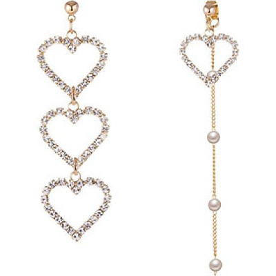 Bông tai trái tim rỗng đính đá thả hạt ngọc trai bất đối xứng