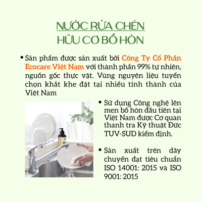 Nước rửa chén hữu cơ Bồ hòn Ecocare tinh dầu Vỏ Cam 4000ml