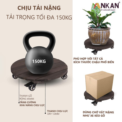 Đế Lót Chậu Cây Có Bánh Xe, Tròn 40cm, Màu Đen, Tải Trọng 150Kg, Di Chuyển Chậu Cây to, Thương Hiệu ANKAN