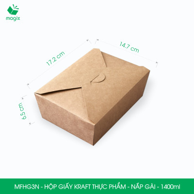 MFHG3N - 25 hộp giấy kraft thực phẩm 1400ml, hộp giấy nắp gập màu nâu đựng thức ăn, hộp giấy nắp gài gói đồ ăn mang đi 