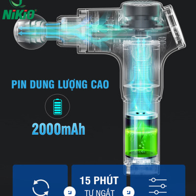 Súng (Máy) Massage Cầm Tay Nikio NK-170A - Kỹ Thuật Mát Xa Gõ Hiện Đại, Tác Động Sâu, Hỗ Trợ Giãn Cơ Toàn Thân - 4 Đầu Thay Thế, 6 Cấp Độ Mát Xa, Pin Sạc Không Dây 2000 mAh