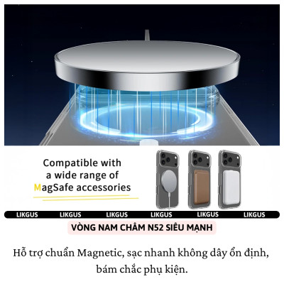 ốp lưng chống sốc sạc từ tính nam châm trong suốt cho iPhone 17 Pro Max / 17 Air / iP 17 Pro / 17 hiệu Likgus Lin Magnetic N52 - Chống sốc 2m, túi khí ẩn 4 góc, chống va đập, độ trong full HD - Hàng nhập khẩu