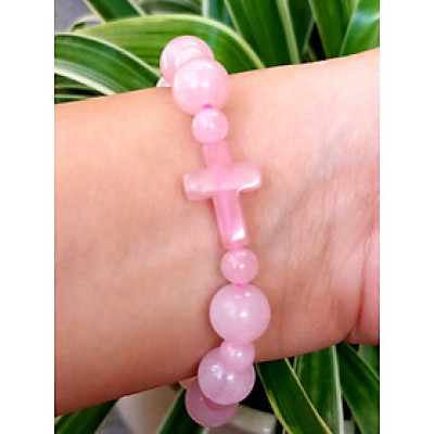 Vòng tay chuỗi mân côi thời trang đá thạch anh hồng thiên nhiên cho Nữ công sở làm trang sức