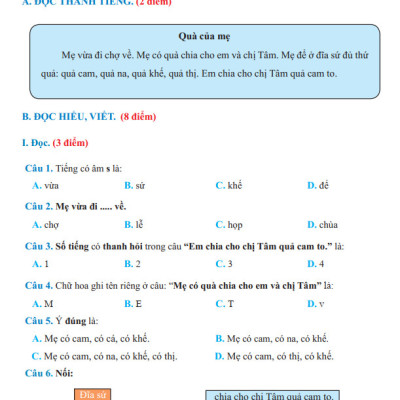 Đề Kiểm Tra Tiếng Việt 1 - Tập 1 - Cánh Diều
