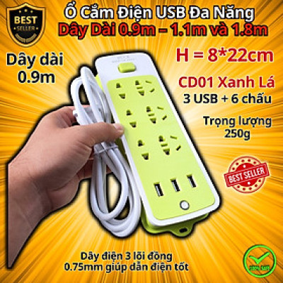 Ổ Cắm Điện USB Đa Năng Cao Cấp Chống Giật Dây Dài 0.9m – 1.1m và 1.8m, Ổ Cắm Điện Công Suất 2500W Có Chốt An Toàn Tiện Lợi, Chính Hãng