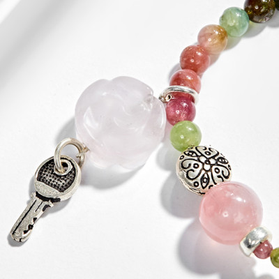 Vòng tay đá Tourmaline phối thạch anh hồng charm khóa (5mm) Ngọc Quý Gemstones