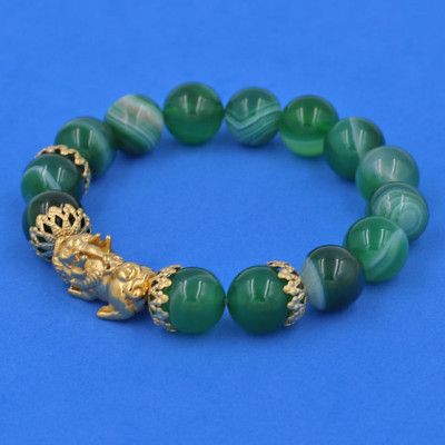 Vòng tay Thạch Anh Xanh Lá Sọc 12 ly - Vòng tay Tỳ Hưu Phong Thủy Chiêu Tài Lộc inox vàng VTAXLSTHBKV12