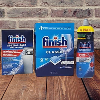 COMBO FINISH: Viên rửa bát Finish Classic 110 viên + Muối 1,2kg + Nước làm bóng 750ml