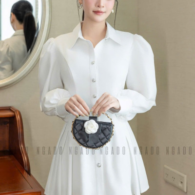 Đầm trắng cổ sơ mi tay dài NGADO , đầm kiểu , đầm sơ mi