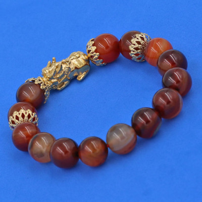 Vòng đeo tay Thạch Anh Nâu 12 ly - cẩn Tỳ Hưu Phong Thủy Chiêu Tài Lộc inox vàng VTANTHBKV12