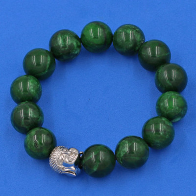 Vòng đeo tay Cẩm Thạch Đông Ninh 14 ly cẩn hạt Phật A Di Đà inox bạc VCTDNNLT14