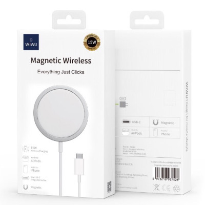 SẠC KHÔNG DÂY TỪ TÍNH WIWU 15W Wi-W009 cho điện thoại thông minh, bề mặt được phun bằng bạc ngọc trai, tấm thép bề mặt phụ 304 phía dưới giúp tản nhiệt - Hàng chính hãng