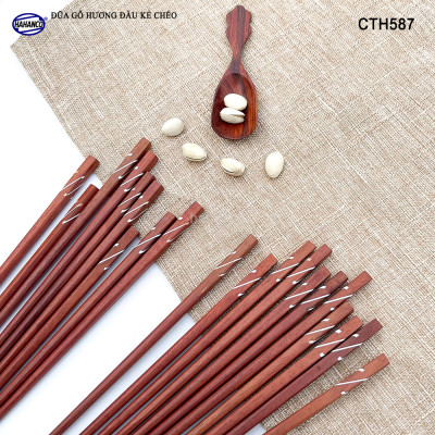 Đũa Gỗ Hương Tự Nhiên Vuông (Sét 10 Đôi) Khảm Trai Chống Mốc Chống Trơn Trượt - CTH587