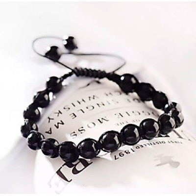 Vòng tay phong thủy đá huyền thạch đen thiên nhiên kết dây cotton phong cách Hàn Quốc