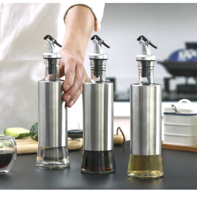 Chai rót dầu ăn, nước tương thủy tinh bọc Inox 304 cao cấp 300ml bằng thủy tinh chai hũ lọ gia vị dụng cụ nhà bếp tiện ích VANDO