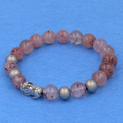 Vòng tay thạch anh dâu tây 8 ly - cẩn Tỳ Hưu inox bạc VTADTTHTB8 - hợp mệnh Hỏa, mệnh Thổ