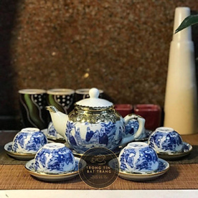 Bộ Ấm Chén Trà Đạo Gốm Trắng Men Lam Bát Tràng Trúc Lâm Thất Hiền Dáng Thủy Bình Dung Tích 300ml (Bộ Ấm Chén) ATA 11