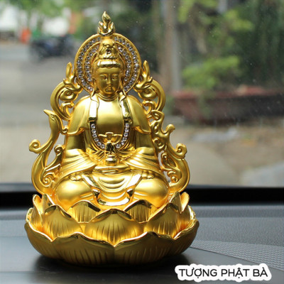 Tượng Phật Bà Quan Thế Âm Bồ Tát hai mặt tọa đài sen vàng đính đá cao cấp trang trí Taplo Ô Tô Xe Hơi