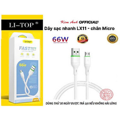Dây sạc LI-TOP LX11 chân Micro (hộp giấy) công suất 66W, Kim Ánh cho dùng thử 30 ngày, bảo Hàng chính hãng 12 tháng
