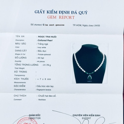 Bộ trang sức Ngọc trai tự nhiên, kèm GIẤY KIỂM ĐỊNH SẢN PHẨM MẪU TẠI SJC LAB, Cỡ hạt 8li, bao gồm Vòng Cổ + Lắc tay + Hoa tai + Hộp lót gấm