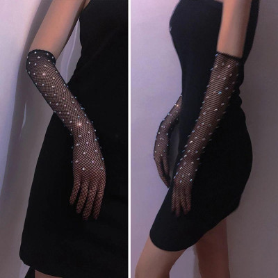 Găng tay sang chảnh màu đen dạng lưới đính đá lấp lánh cho Cô dâu và Dạ hội, đi tiệc, sự kiện, lễ hội MS: 42951