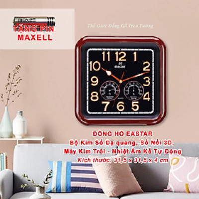 Đồng Hồ Treo Tường Cao Cấp KIM TRÔI EASTAR SỐ NỔI 3D có DẠ QUANG và NHIỆT ẨM KẾ CƠ (Không Dùng Pin) - Hình Vuông Mặt Đen - Tặng Pin AA - Bảo Hành 1 Năm
