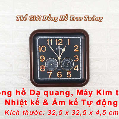 Đồng Hồ Treo Tường Cao Cấp KIM TRÔI EASTAR SỐ NỔI 3D có DẠ QUANG và NHIỆT ẨM KẾ CƠ (Không Dùng Pin) - Hình Vuông Mặt Đen - Tặng Pin AA - Bảo Hành 1 Năm