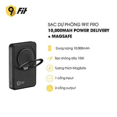 Sạc dự phòng 9FIT Pro Mag 10,000mAh /3.85V 9PP10K05B, hỗ trợ sạc không dây - Hàng chính hãng