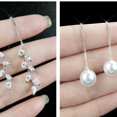 Bông tai lá dài phối ngọc trai dáng mảnh