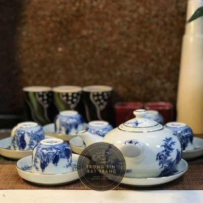 Bộ Ấm Chén Trà Đạo Gốm Trắng Men Lam Bát Tràng Trúc Lâm Thất Hiền Vẽ Vàng Dáng Đường Vũ Dung Tích 350ml (Bộ Ấm Chén) ATA 13